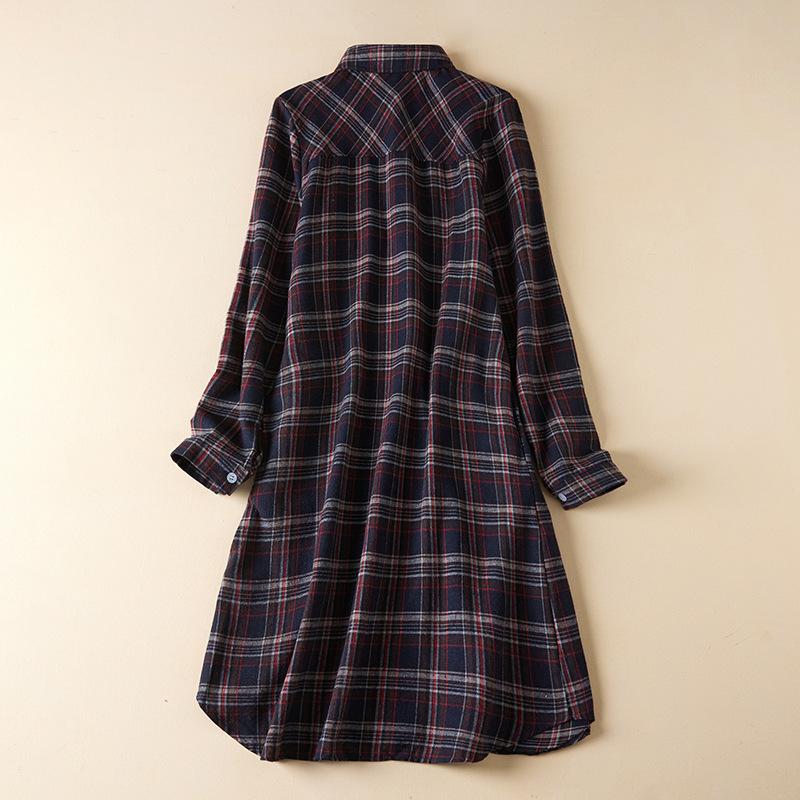 Spring and Autumn Plaid Shirt Women's Mid-length Long-sleeved Brushed Blouse Loose Casual Shirt