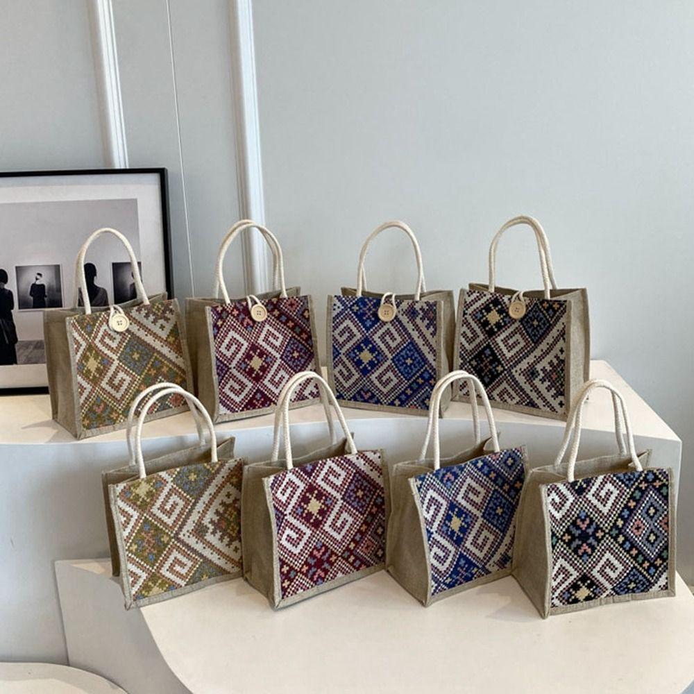 Large Capacity Ethnic Style Canvas Bag Embroidery Printing Cloth Lunch Bag Linen Handbag Children