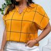 BITCED Spring and Summer Women's Large Size Plaid Printed T-shirt Short-sleeved Shirt Missing Corner Collar Bat Sleeve Tops