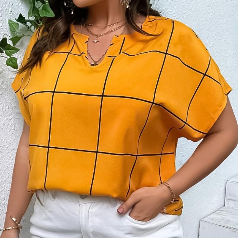 BITCED Spring and Summer Women's Large Size Plaid Printed T-shirt Short-sleeved Shirt Missing Corner Collar Bat Sleeve Tops