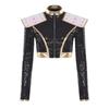 S-4XL Womens Singer Dance Cosplay Costume Long Sleeve Shoulder Epaulet Front Zipper Metallic Patchwork Sequin Crop Top Jacket