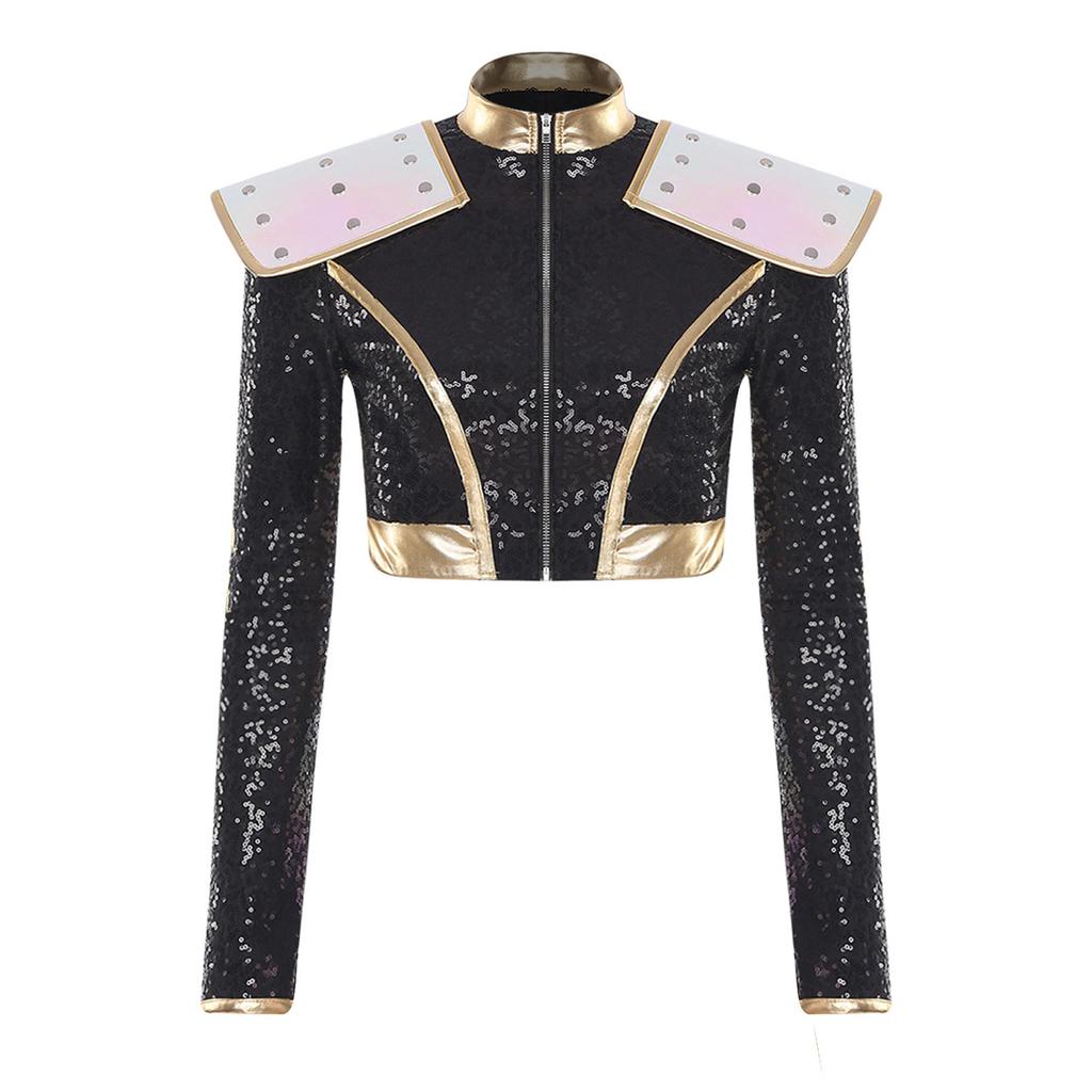 S-4XL Womens Singer Dance Cosplay Costume Long Sleeve Shoulder Epaulet Front Zipper Metallic Patchwork Sequin Crop Top Jacket