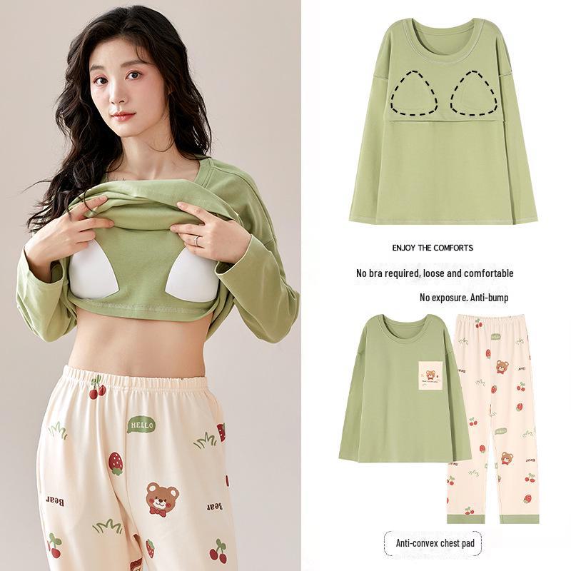 Women's Cartoon Long-Sleeve Pajamas with Chest Pads - Lightweight Home Loungewear for Autumn and Spring