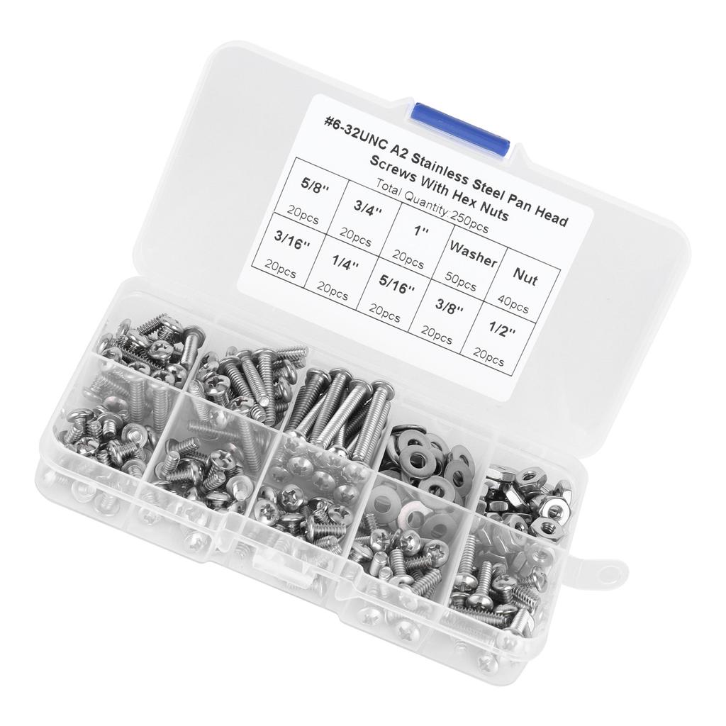 304 Stainless Steel Screws Cross Pan Head Screws with Hex Nuts Washers Screw Kit250pcs #632UNC