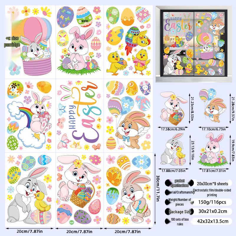 Festive Easter Static Cling Stickers - Cute Rabbit, Dwarf, and Colored Eggs for Glass Decorations