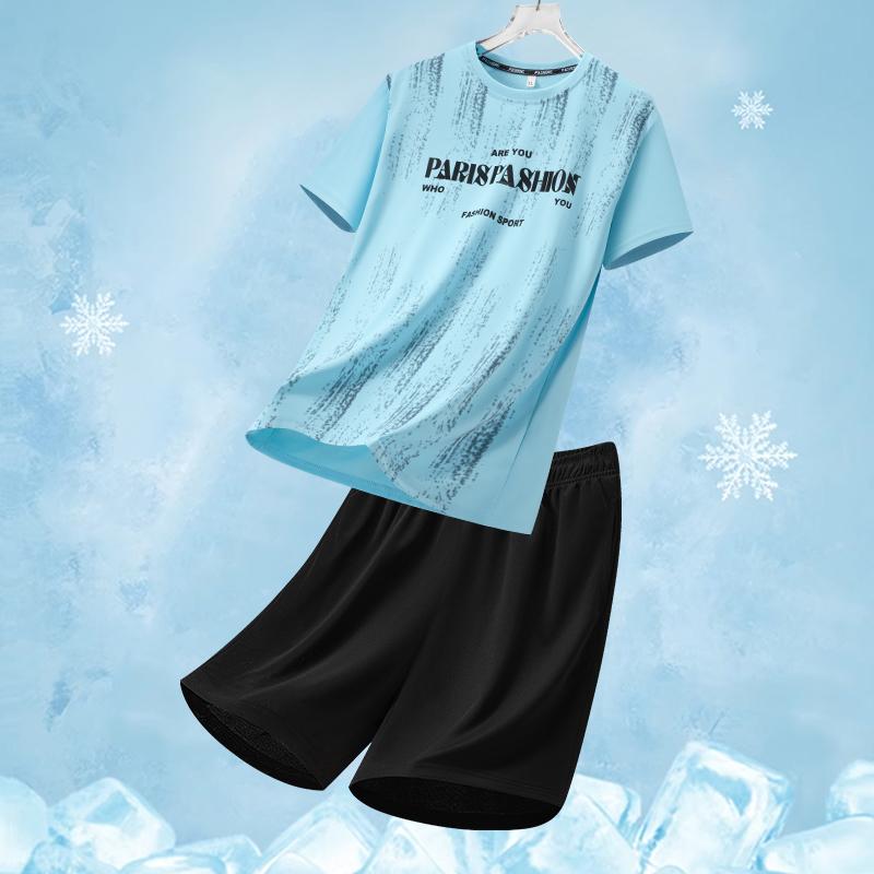 Ensemble de Sport en Soie Glacée pour Homme Été Col Rond Séchage Rapide Manches Courtes Coupe Ample Deux Pièces