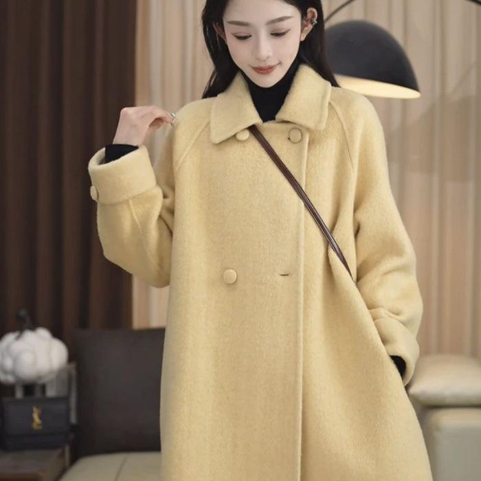 Plus Size Women's Korean Style Slimming Mid-Length Woolen Coat for Autumn/Winter - Loose Fit, Petite Long Jacket.