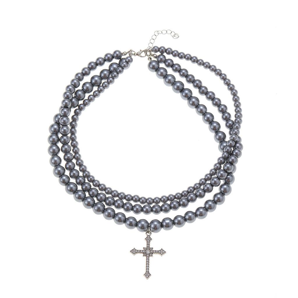 

Cross Pendant Beaded Necklace With Geometric Style Handmade Chain For Men And Women