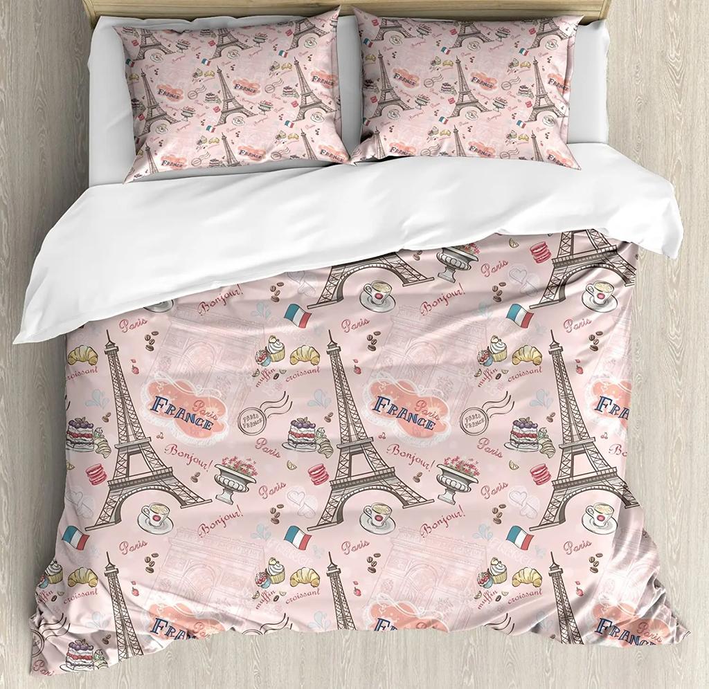 3pcs Bedding Set France Paris Tower Hot Air Balloon Bicycle Retro Duvet Cover Pillow Case Boy Kid Teen Girl Bedding Covers Set