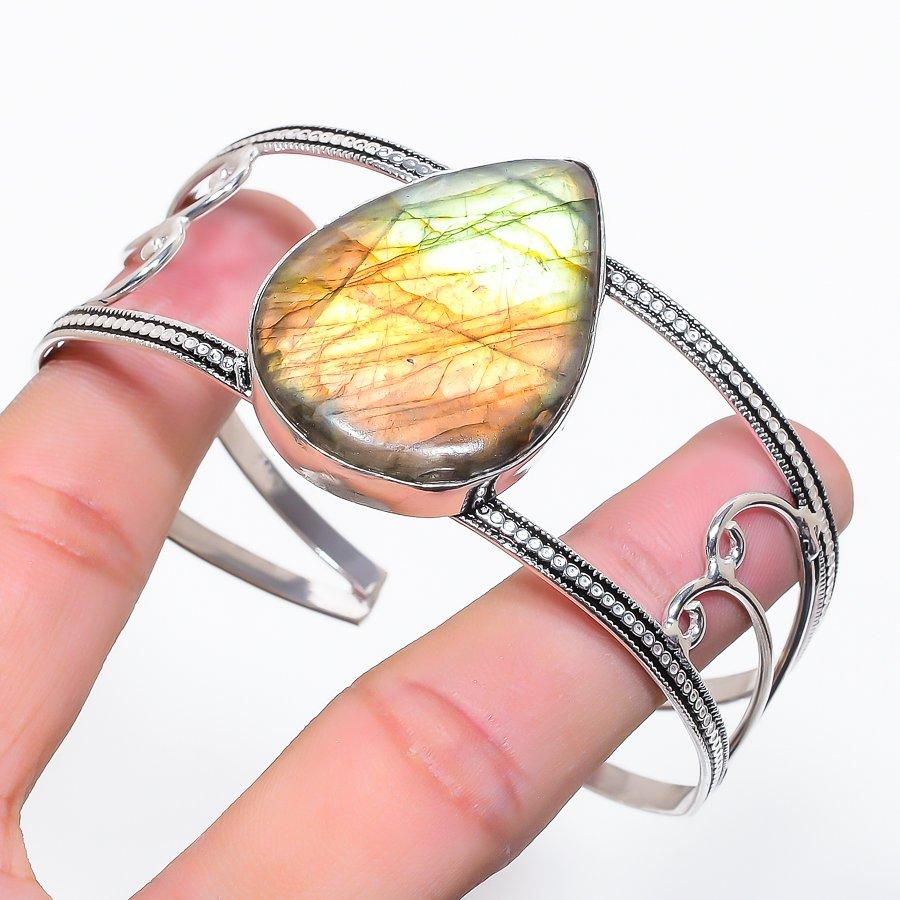 

Натуральный Лабрадорит Драгоценный Камень 925 Стерлинговое Серебро Манжета Браслет Регулируемый g7j92