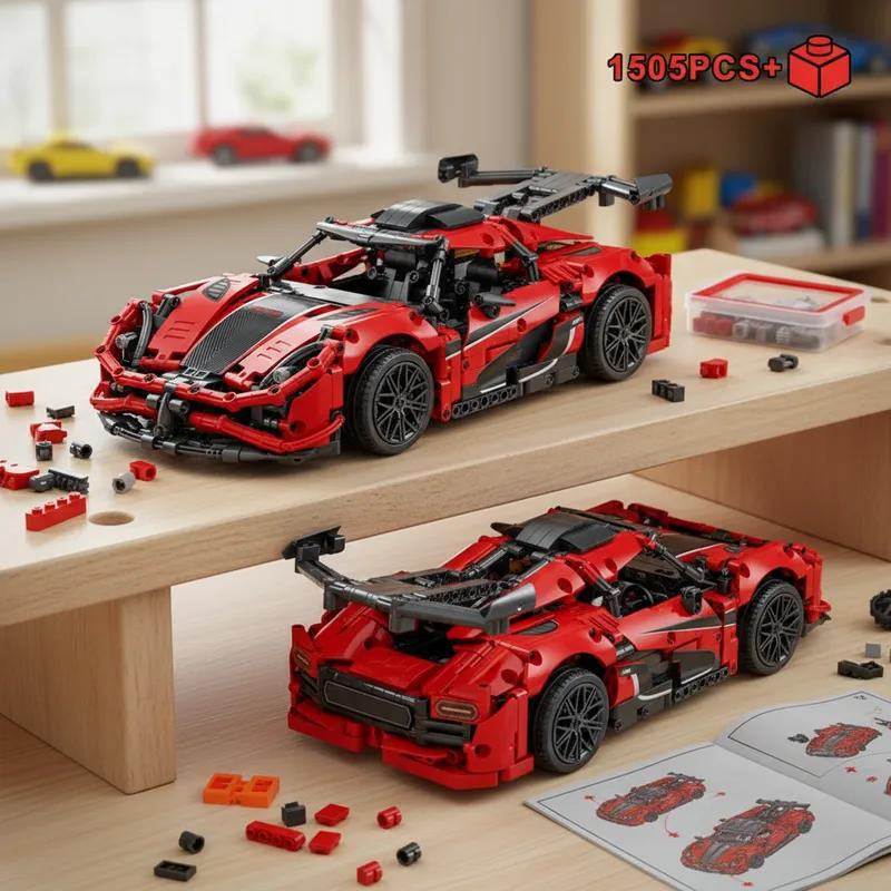 Non-Toxic Mechanical Red Race Car Moc Assembly Bricks Creative Construction Kit Diy Tabletop Decoration Birthday Christmas Gifts For Kids