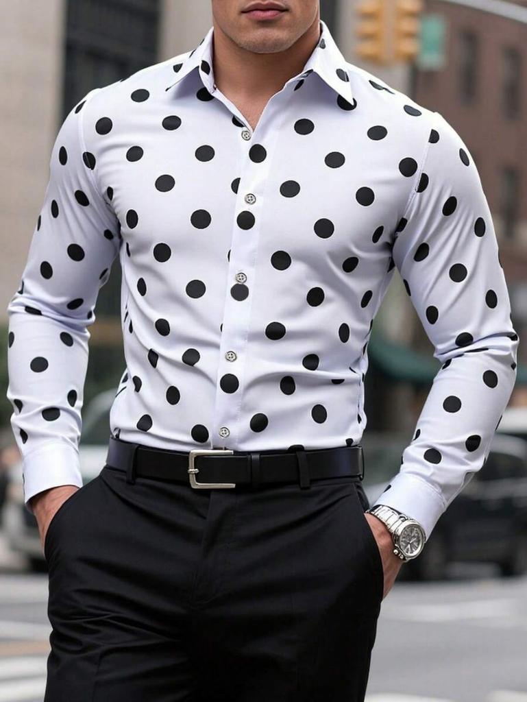 Men's Polka Dot Shirt Casual, Breathable, Comfortable, Fashionable and Trendy Men's Long Sleeved Shirt, Lapel Shirt