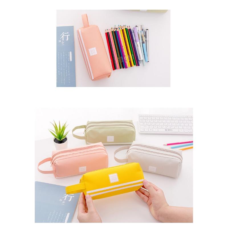 Large Capacity Double Layer Double Zipper Simple Korean Style Oxford Cloth Portable Pencil Case Stationery Bag