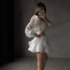 Women's V Neck Long Sleeve Mini Dress Slim Fit Mid Rise Solid Color Mesh Spliced Ruffle Hem Elegant Summer Club Skater Dress