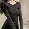 French Slim Fit Off-Shoulder Sweater: Solid Color, Irregular Knit Design for Women - Autumn/Winter Collection