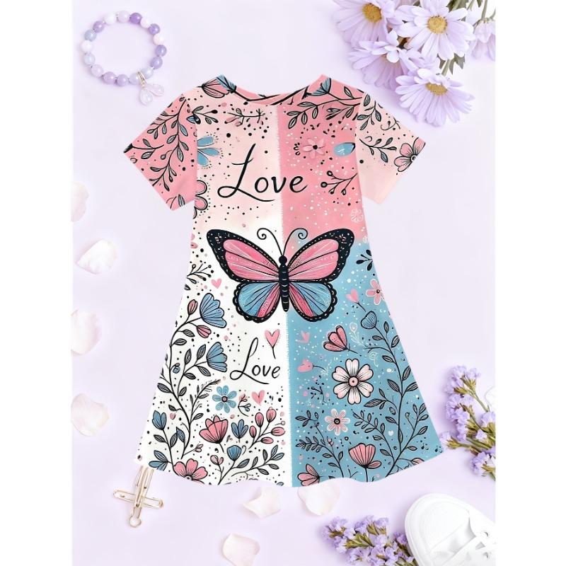 Girls' 3D Butterfly Print Short Sleeve Dress - Summer A-Line Dress with Round Neck, Machine Washable Playwear for & Little Girls,
