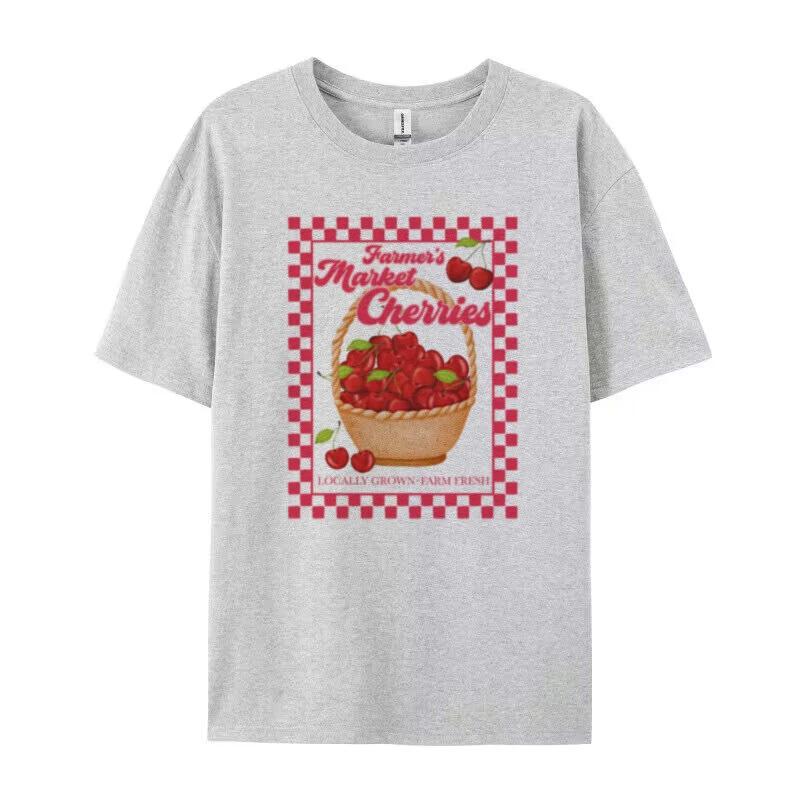 Cute Farmers Market Cherry Tshirts Short Sleeve Vintage Gardening Graphic Tee Cottagecore Top Women Aesthetic Clothing Oversized