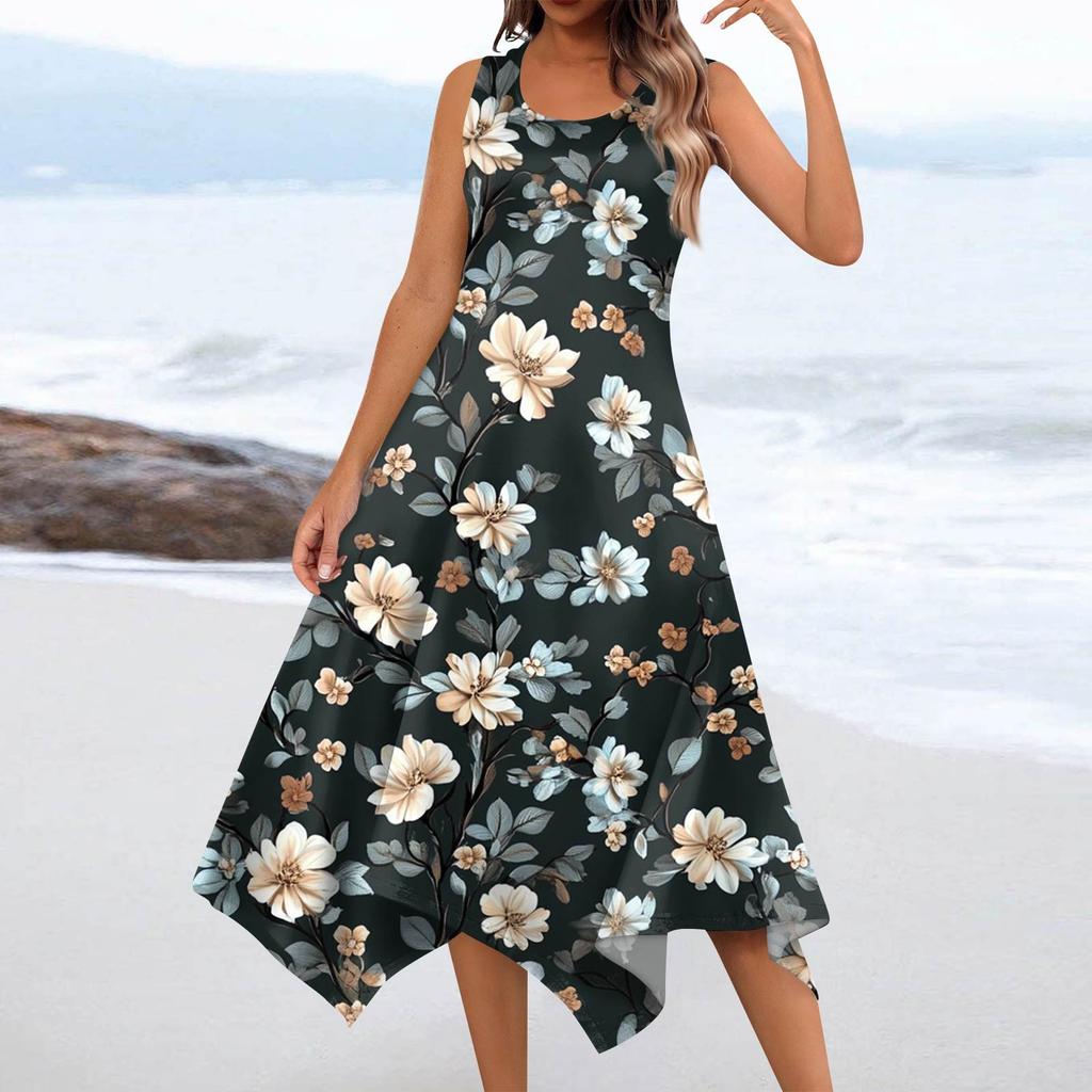 Women's Casual Fashion Round Neck Sleeveless Floral Print Irregular Hem Midi Dress
