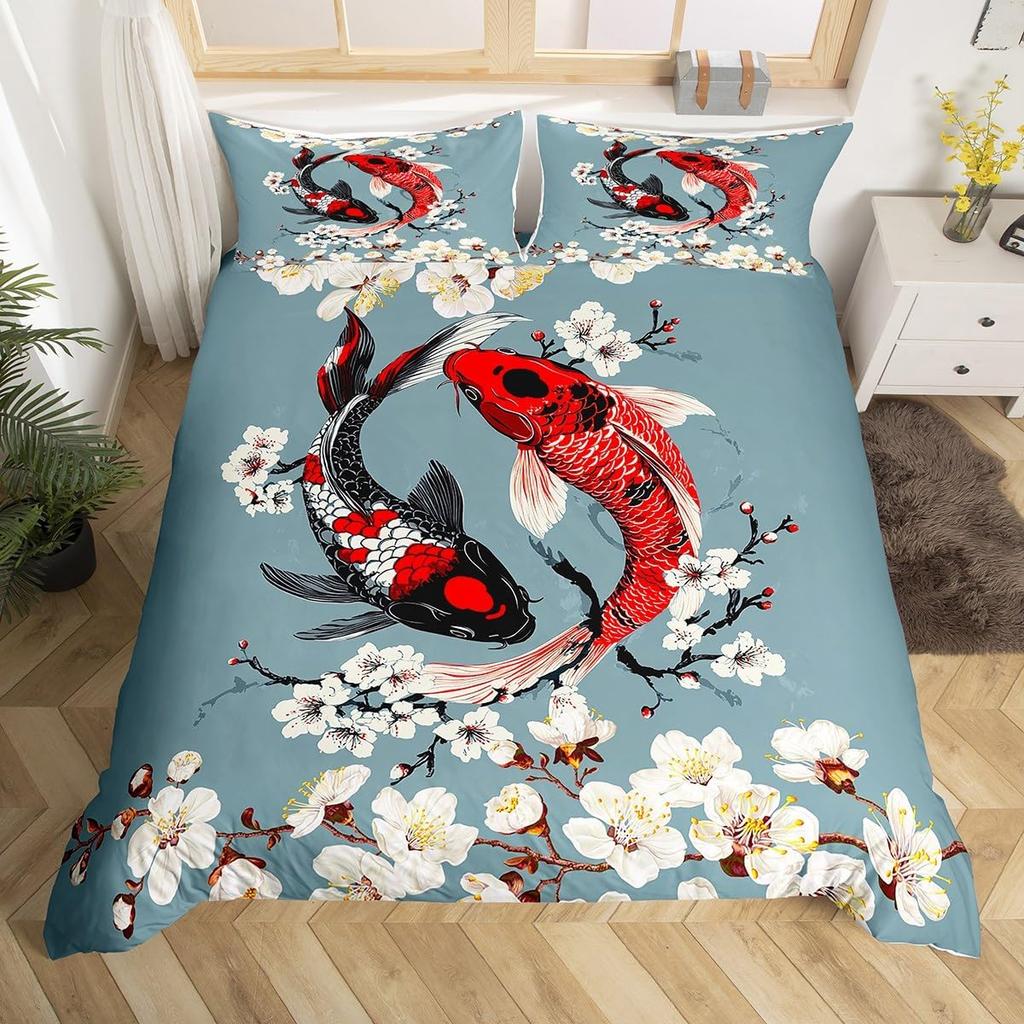 Comforter Koi Fish Full Queen Japanese Cherry Blossom Tree Bedding Set Marine Sealife Comforter For Kids Teen Room Decor