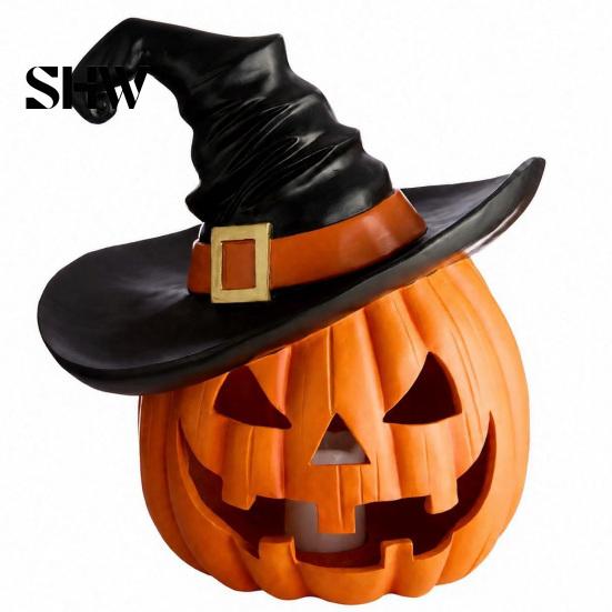 Weighted Solid Resin Figurines Halloween Pumpkin Ornament with Witch Hat, Jack O Lantern Decorative Lamp, Tabletop Figurine for Party Spooky