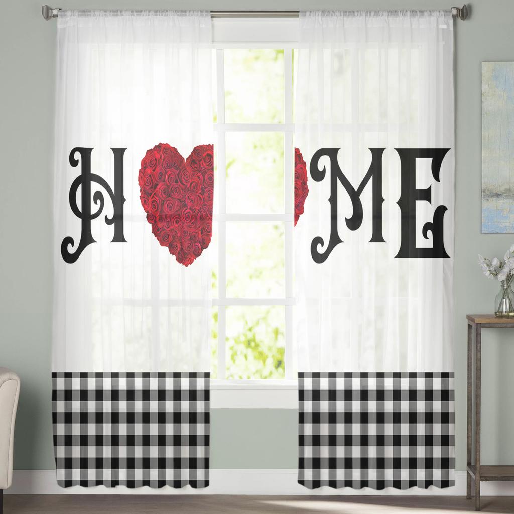 Valentine 'S Day Rose Heart Plaid Tulle Curtains For Living Room Kitchen Sheer Voile Curtain Bedroom Window Panels