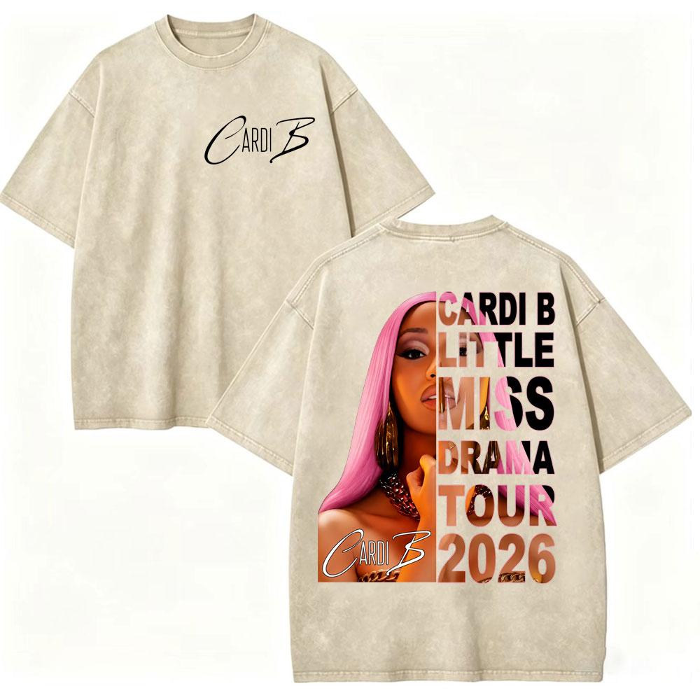 Vintage Washed Rapper Cardi B Graphic T Shirts Little Miss Drama Tour 2026 Tshirts Men Women Clothing Hip Hop Fashion Tshirt
