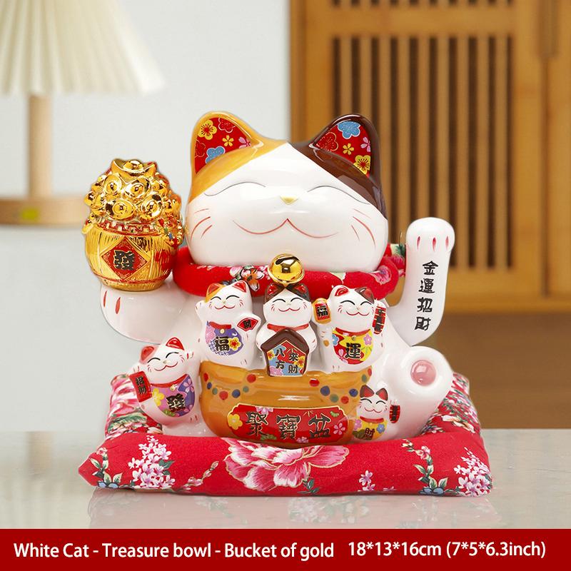 

7 Inch Fortune Cat with Waving Arm Ceramic Maneki Neko Feng Shui Ornament Lucky Cat for Shops, Restaurant, Home Table Decoration