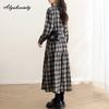 Plus Size Spring Autumn Women Vintage Midi Dress V Neck Plaid Casual Loose Ruffles Dress Retro Long Sleeve Elegant Dress With Belt