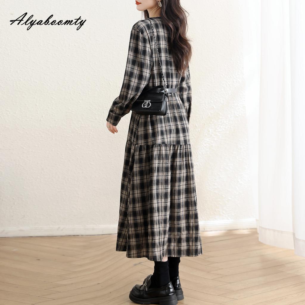 Plus Size Spring Autumn Women Vintage Midi Dress V Neck Plaid Casual Loose Ruffles Dress Retro Long Sleeve Elegant Dress With Belt