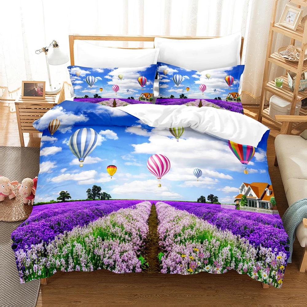 Lavender Bedding Duvet Cover +pillowcases Pastoral Village Purple/ Field Comforter Cover Sets 2/3 Pcs Microfiber Bed Set King