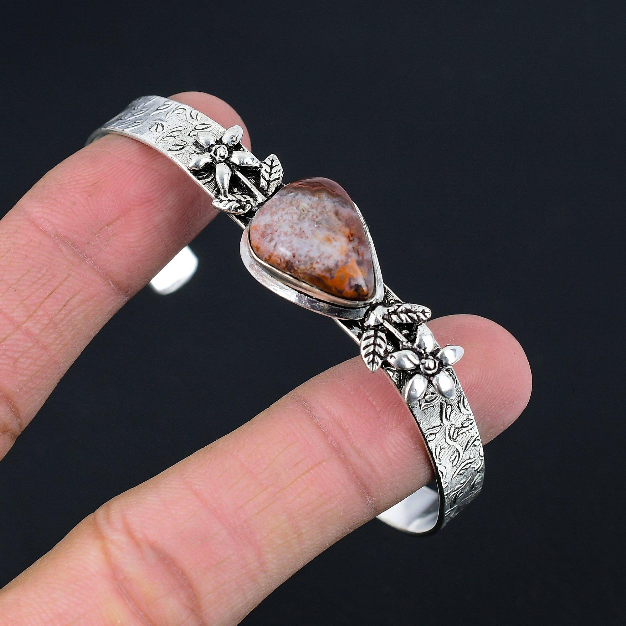 

Daughters Day Deal 925 Sterling Silver Crazy Lace Agate Stone Flower Boho Bangle Adjustable