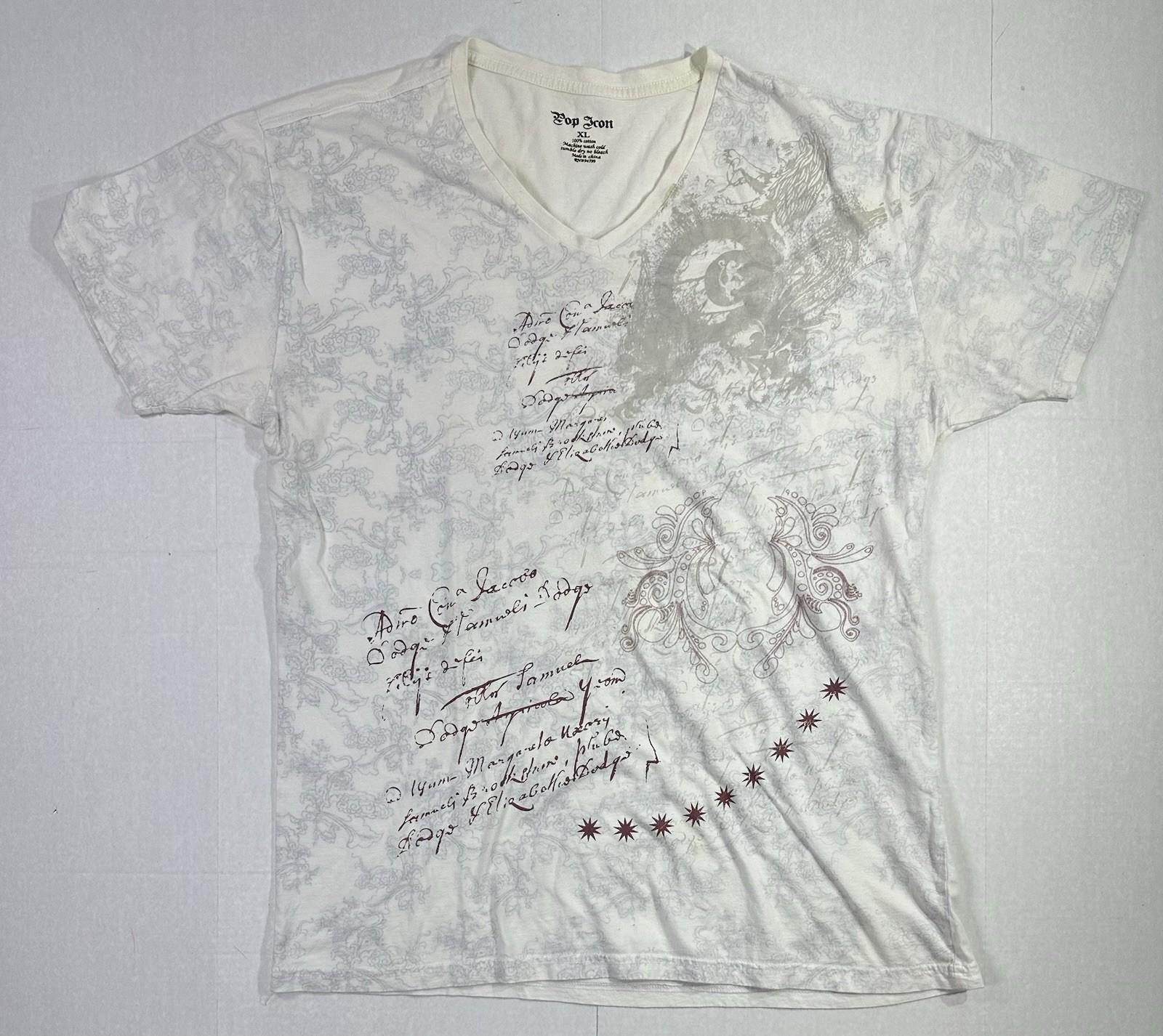 Pop Icon XL Men’s V-Neck Script Graphic All Over Print Vintage Style Unisex T-Shirt S