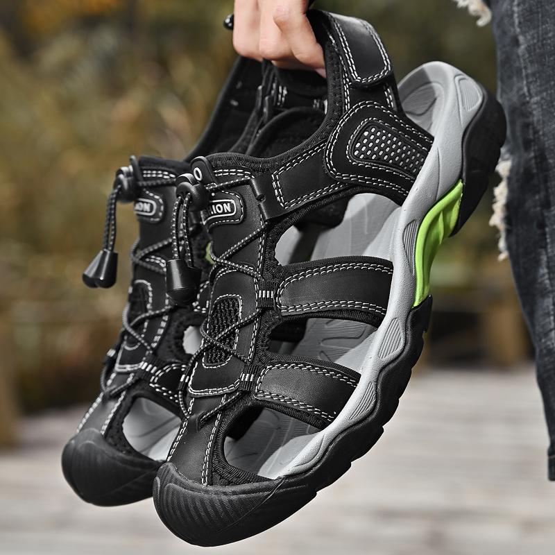 Fashion Genuine Leather Men Sandals Anti-collision Toe Mens Canyoning Shoes Durable Handmade Beach Shoes Non Slip Indoor Outdoor Sandals