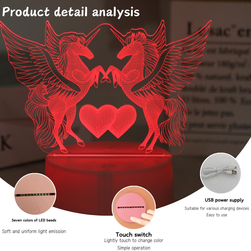 Touch seven color gradient 3D Pegasus night light, USB powered, perfect gift for bedroom, party, and coffee shop decoration