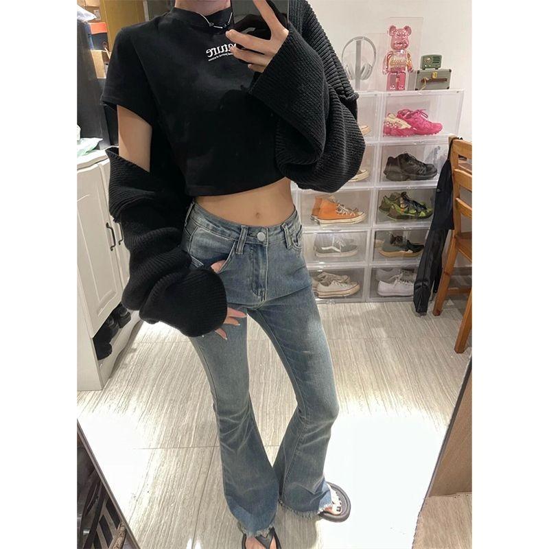 High-waisted micro-flared pants women's new slim-fitting and thin jeans small retro extended mopping pants trendy