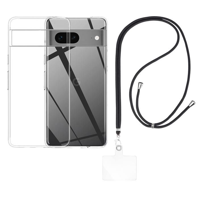Case and Neck Strap for Google Pixel 7 - Transparent Soft TPU Adjustable Black Cord Phonillico®