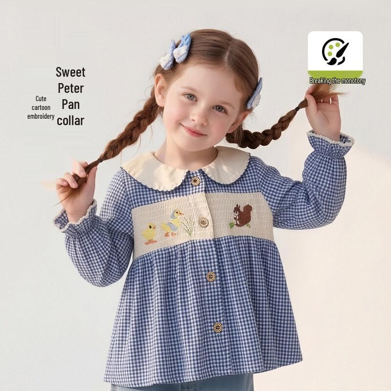 KuWaMi Girls' Spring Plaid Embroidered Doll Collar Blouse