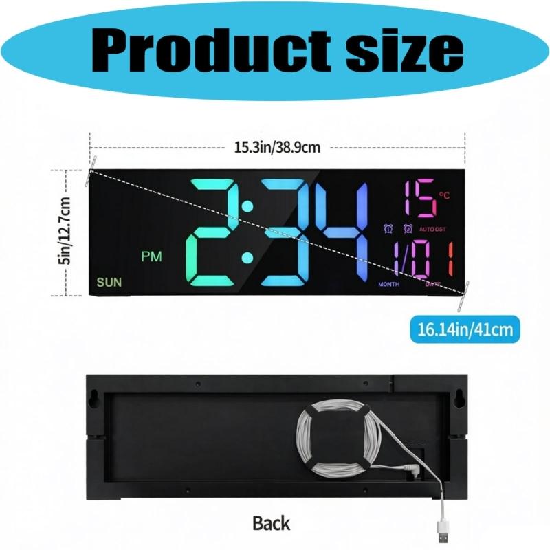 Wall Mounted Digital Clock with Large LED Numerals, Multi-Color Changing Display, Remote Control, Adjustable Brightness for Home Wall