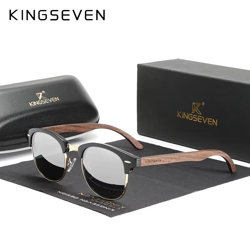 KINGSEVEN Brand Walnut Sunglasses Men Women Polarized UV400 Lens Wood Round Frame Glasses Vintage Retro Luxury Eyewear Patchwork