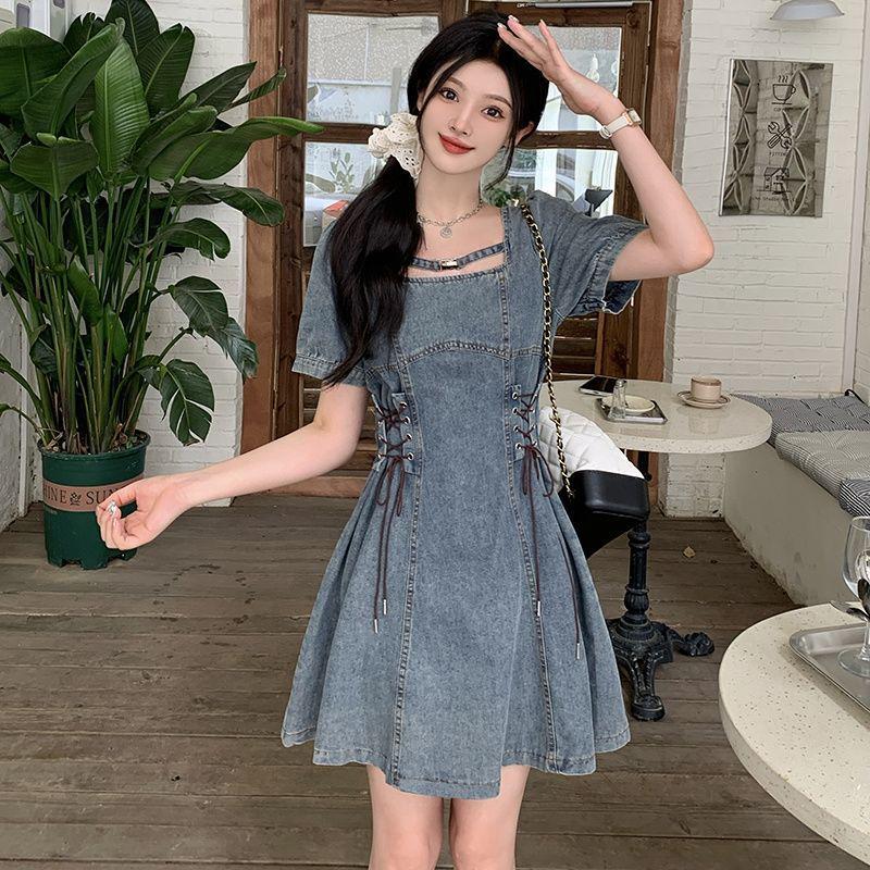 Plus Size Denim Puff Sleeve Square Neck Summer Dress for Women