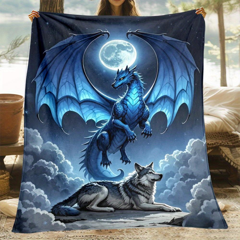 

Fantasy Dragon Wolf 3D Flannel Blanket, Mystical Scene Design Lightweight Throw, All Season Soft for Camping Sofa,Gift 75x90cm