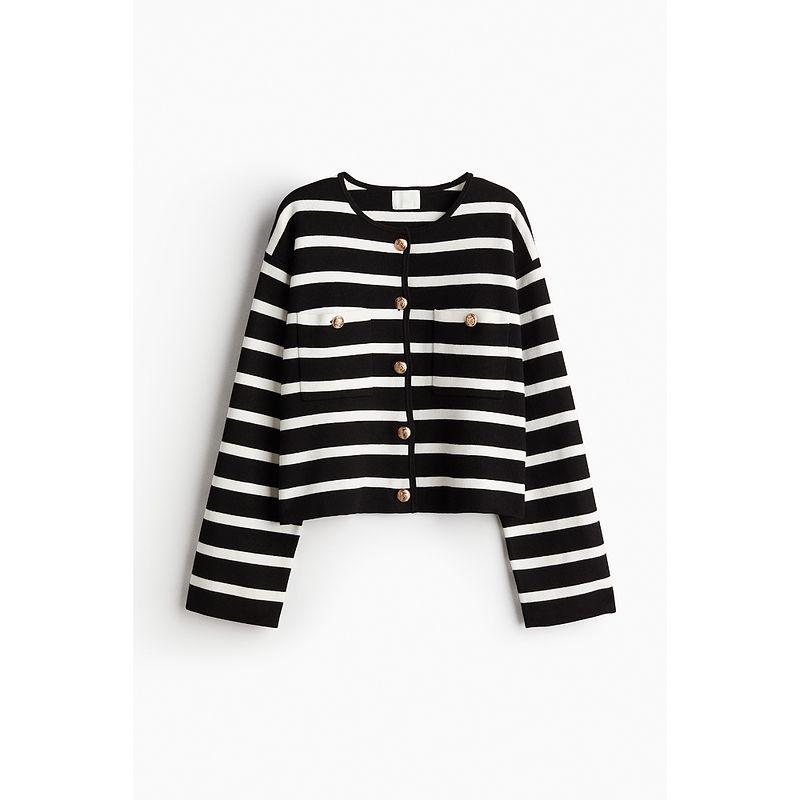 

HM Women clothes Woolen Sweater Summer Fashion Loose round Neck Long sleeve Knitted Short Cardigan 1245672 Black/Stripes 155/80(XS)