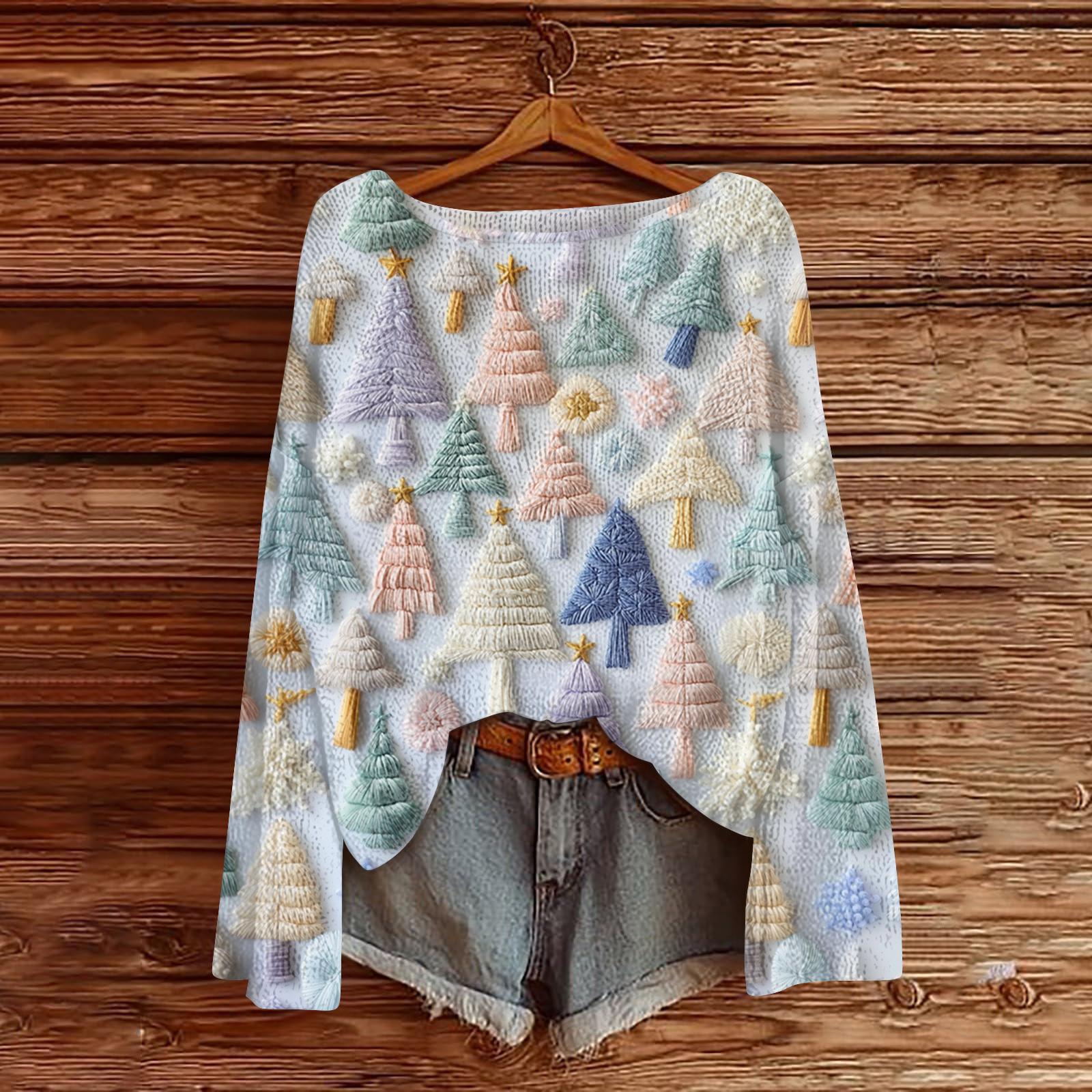 

Женский модный повседневный трикотажный свитер с длинным рукавом и рождественским принтом, круглый вырез XL