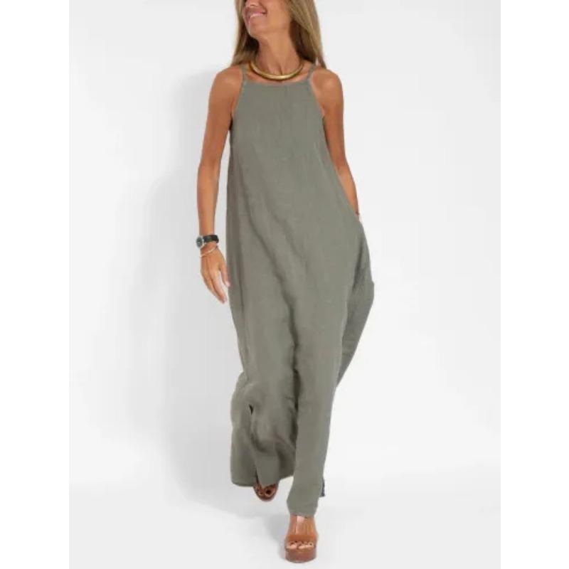 Modisches, lässiges Neckholderkleid aus Baumwolle und Leinen mit Schlitz