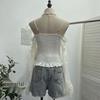 French Retro One-Shoulder Pearl Strap Lace Top with Chest Pads