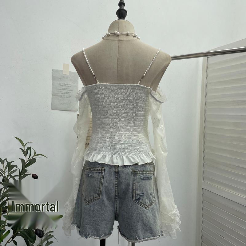 French Retro One-Shoulder Pearl Strap Lace Top with Chest Pads