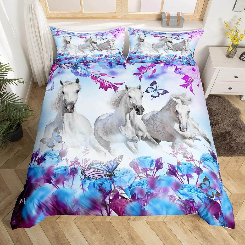 White Horse Pink Cherry Blossom King Full Bedding Set Watercolor Floral Duvet Cover Animal Quilt Cover Polyester Comforter Cover