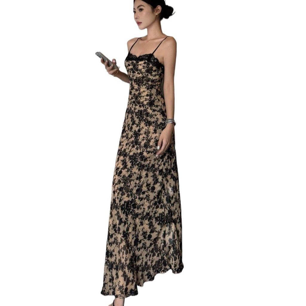 Super Good-looking Waist Suspender Skirt Vacation Style Lace Lace Floral Dress Summer Backless A-word Long Dress