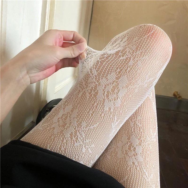 White and Black Hollowed Out Lace Mesh Pantyhose Floral Rattan Bottomed Stockings