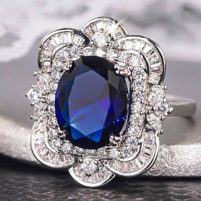 Huitan Aesthetic Women Ring Inlaid Bright Blue Cubic Zirconia Elegant Finger Accessories Jewelry for Wedding Engagement